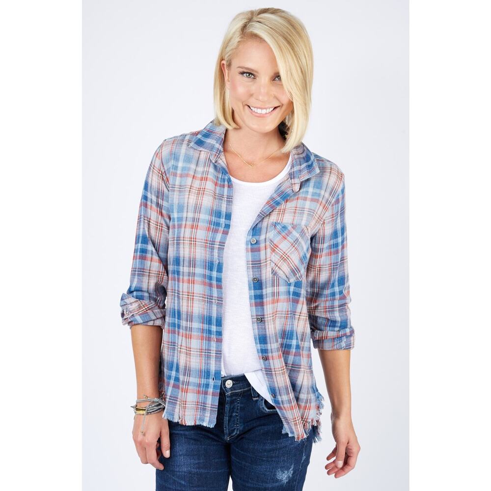 Cloth & Stone Aberdeen Indigo Plaid Check Raw Hem Frayed Top Small